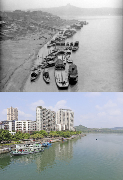上：原小南门绞车码头 罗尚勇 摄于1986年 下：原小南门绞车码头，现建设成为滨江路 罗尚勇 摄于2021年